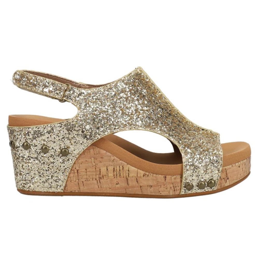 CORKYS Carley Glitter Peep Toe Wedge Sandals Gold 7-11 NWT - Picture 1 of 5
